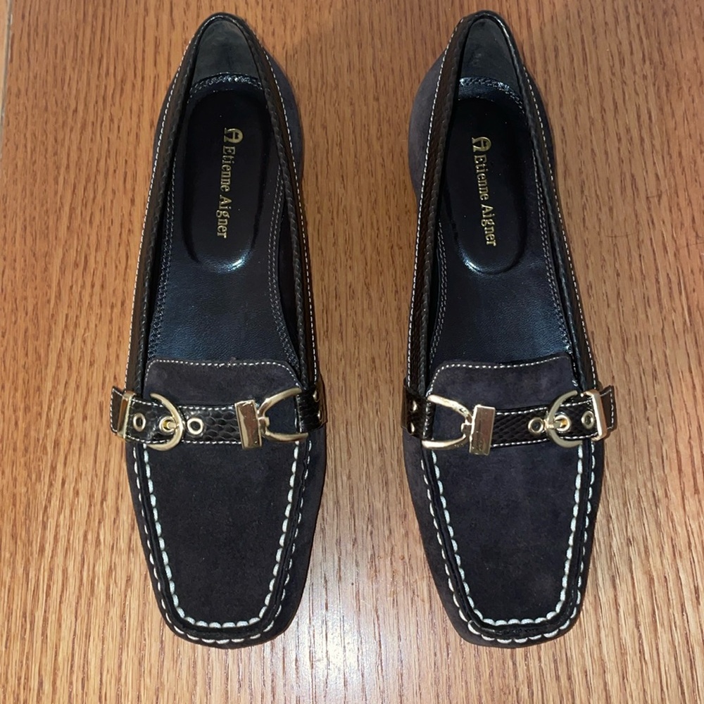 ECU Etienne Aigner Chocolate Suede Leather Loafers with Brass Buckles